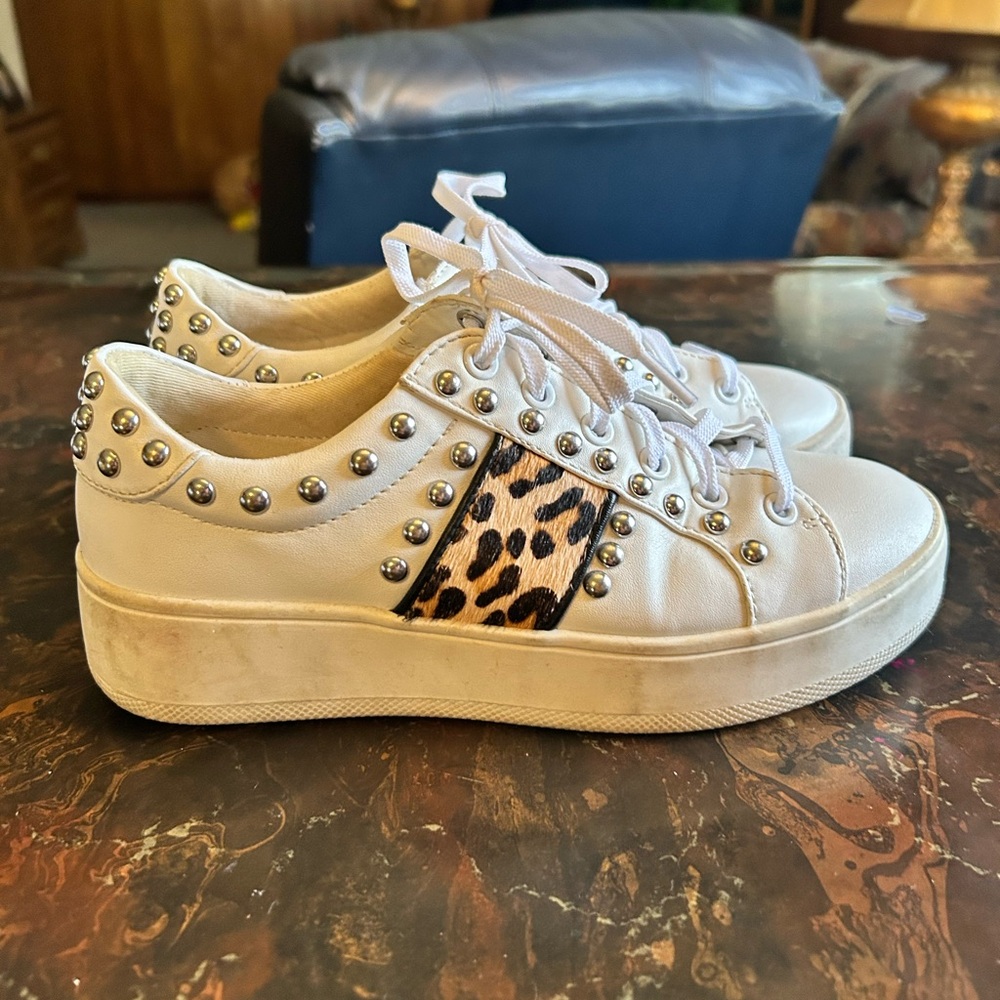 Steve Madden White and Leopard Studded Sneakers